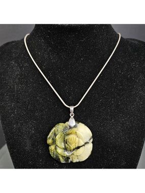 Sterling Silver 925 Necklace Chain With Rose Carved Stone Set On 925 Silver